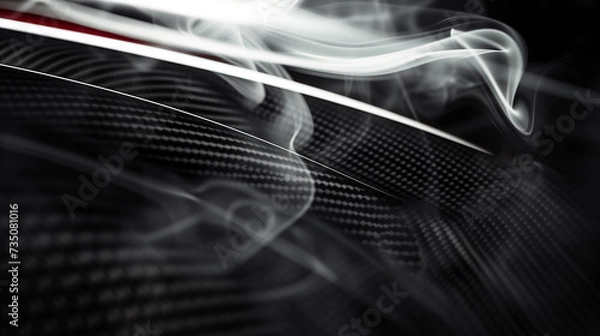 Fototapeta Close-up macro photo of dark, cool carbon fiber material on a sports car's curves with gentle gray smoke rising from tires. Light is reflecting off the material, creating a bright contrast.