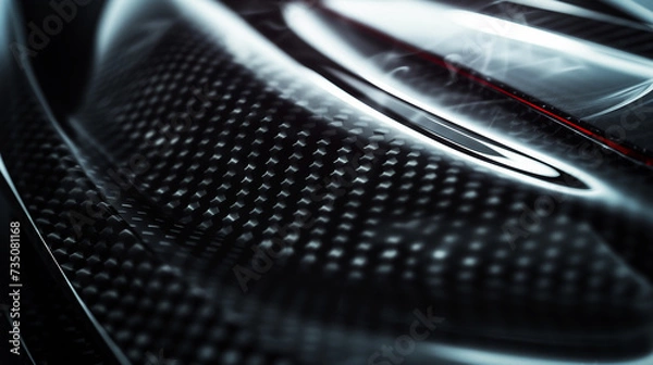 Fototapeta Close-up macro photo of dark, cool carbon fiber material on a sports car's curves with gentle gray smoke rising from tires. Light is reflecting off the material, creating a bright contrast.