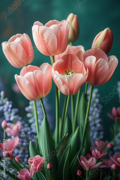 Fototapeta Blush Tulips and Lavender in Harmonious Arrangement on the green background, vertical orientation