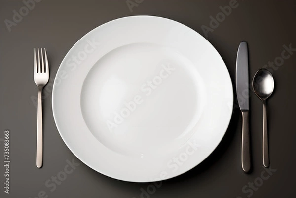 Fototapeta Minimalist table setting arrangement, white plate with fork, knife, spoon, Dining Concept Art, Generative AI.