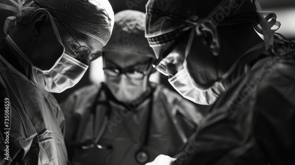 Fototapeta A dedicated surgical team is intently performing a surgical procedure in the sterile environment of an operating theater, surgical team performing operation in operating theater.