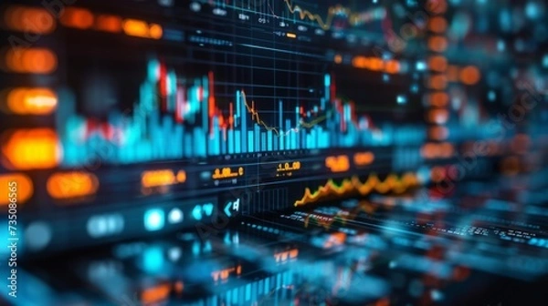 Fototapeta Dynamic display of stock market price fluctuations with glowing data points and graphs on a digital screen, symbolizing financial market activity, stock market data visualization on digital display.