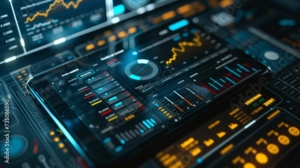 Fototapeta A high-tech user interface displaying complex data analytics, tablet synchronized to a dashboard featuring graphs and performance metrics, futuristic user interface with advanced data analytics.