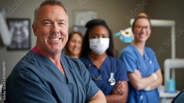Fototapeta A happy dental team with diverse members posing confidently in a well-equipped dental clinic, smiling dental team in modern clinic.
