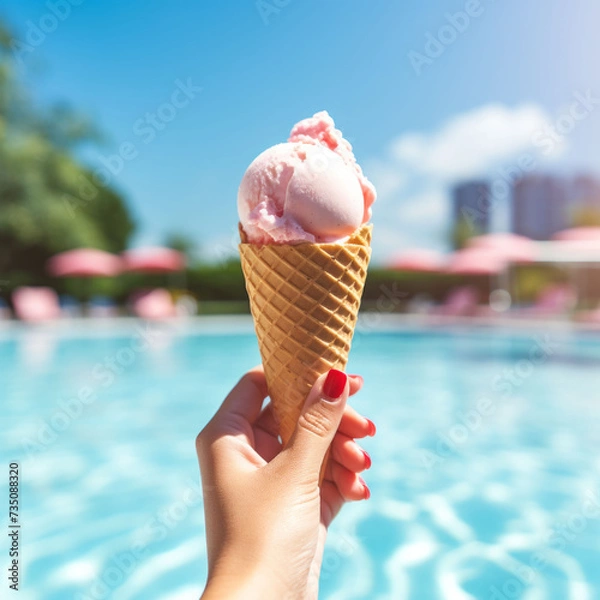 Fototapeta Female hand with red manicure holds yellow ice cream on a hot day on background of a blue pool.