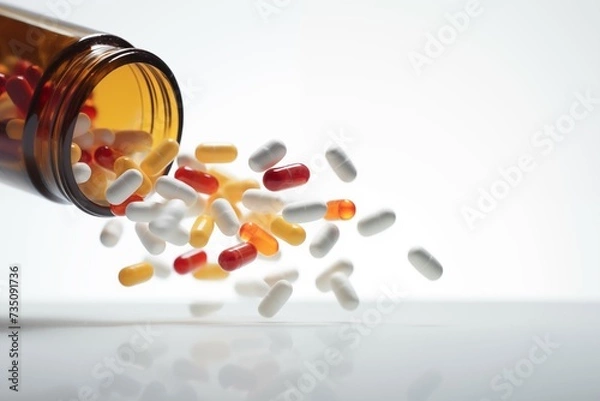 Fototapeta colorful pills falling bottle on ground