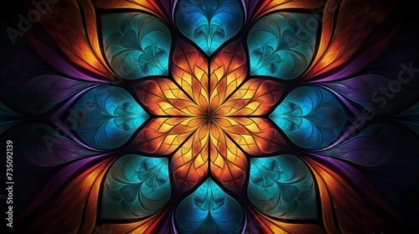 Fototapeta A colorful stained glass window with a orange and blue mandala abstract background