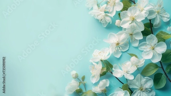 Fototapeta White Cherry Blossoms on Aqua Background, A serene composition of white cherry blossoms with green leaves against a soft aqua blue background.