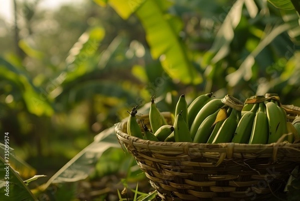 Fototapeta basket full of banana sits nestled among green leaves and branches, showcasing nature's bounty in this close-up image bursting with fresh fruit and vibrant colors