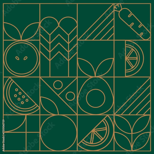 Fototapeta Line geometric mosaic seamless pattern illustration. Organic fruit vegetable geometric pattern. Natural food background creative simple bauhaus style, agriculture vector design. Healthy Food pattern