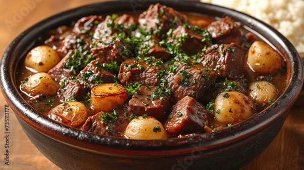 Fototapeta Beef Bourguignon stew with potatoes and vegetables