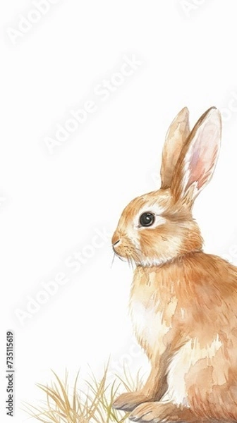 Fototapeta Watercolor Illustration of a Rabbit in a Sparse Grassy Field.
