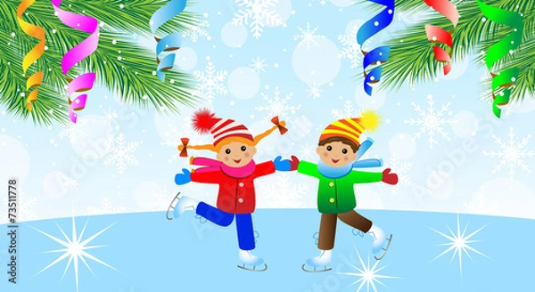 Fototapeta children on skates and branches of christmas tree