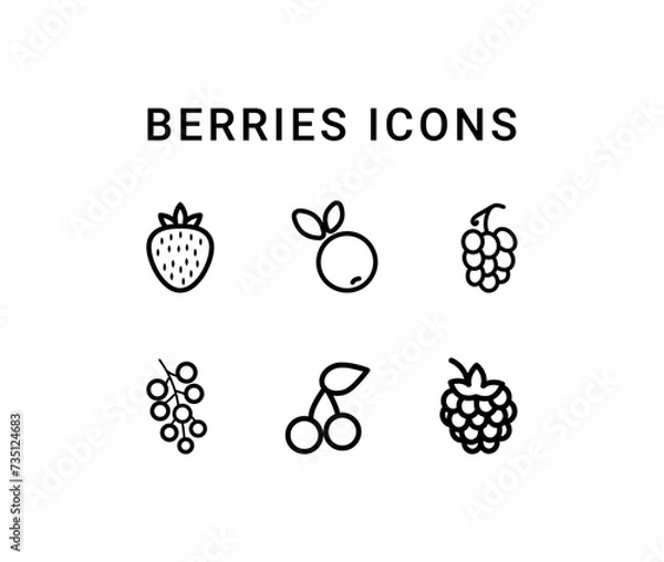 Fototapeta Berry icons for the app. Black and white icons. A set of icons. Line icon. Vector design illustration of berries. Healthy food.
