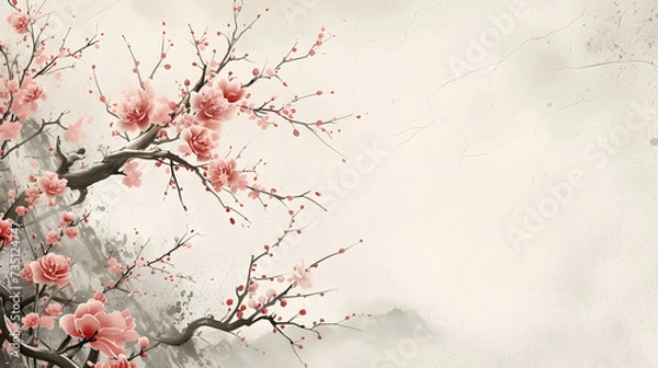 Obraz Chinese traditional landscpae with old paper texture featuring plum blossom