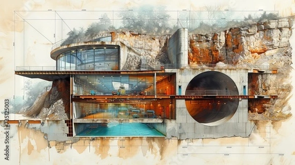 Fototapeta architectural model drawing of an underground nuclear bunker and underground house concept: underground bunker life in an underground house, shelter from a nuclear explosion