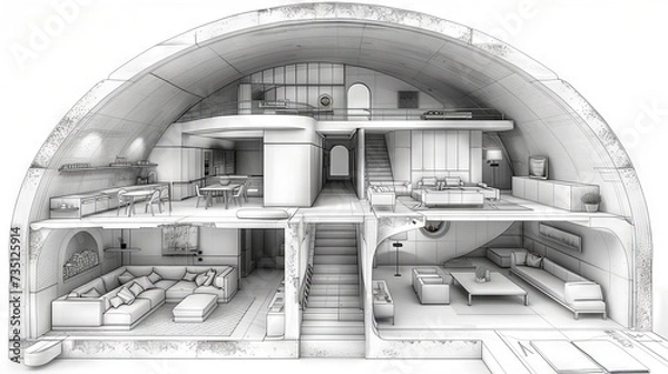 Fototapeta architectural model drawing of an underground nuclear bunker and underground house concept: underground bunker life in an underground house, shelter from a nuclear explosion