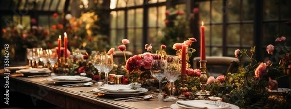 Fototapeta aesthetic idea party concept. set table for the celebration with plates and decorations. banner