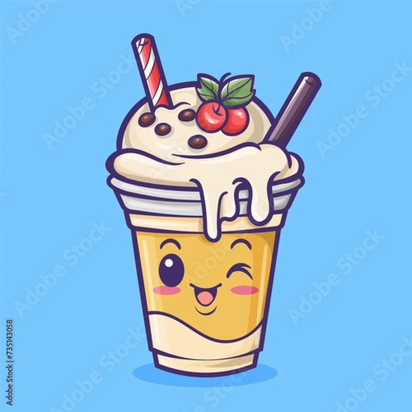 Obraz Cute Milk Shake with Cherry Fruit Drink Cartoon Vector Icon Illustration.