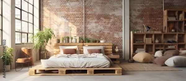 Fototapeta Modern bedroom in a loft Urban apartment with pallet bed scandinavian eco design. Creative Banner. Copyspace image