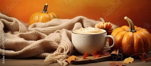 Fototapeta Pumpkin spice latte or milkshake traditional autumn hot drink with anise cinnamon caramel topping on warm colored background with small decorative pumpkins and cozy sweater. Creative Banner