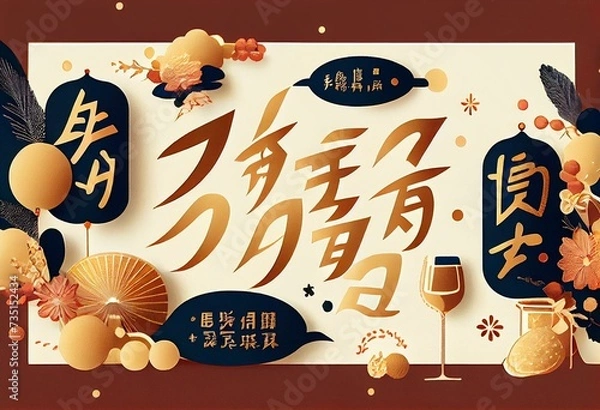 Fototapeta 雅な和の素材イラストセット／お正月／謹賀新年／年賀／文字あり. Generative AI