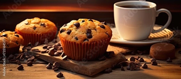 Obraz Selwctive focus chocolate muffin with choco chip served with a cup of tea. Creative Banner. Copyspace image
