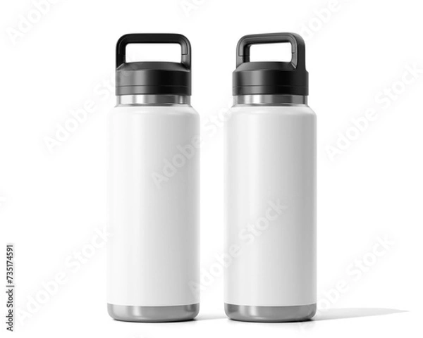 Fototapeta Blank White Aluminum Hydro Flask Water Bottle Packaging, Sport Water Bottle Isolated On Transparent Background, Prepared For Mockup, 3D Render.