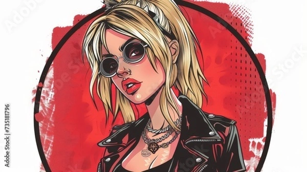 Fototapeta a circle frame portrait of a blonde girl punk rock, game character, 2d, white background  