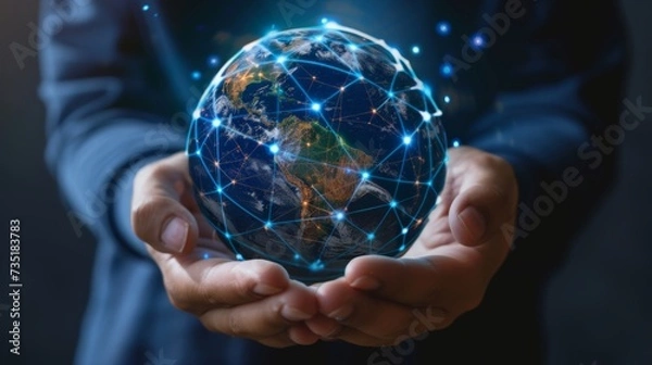 Fototapeta Pair of hands holding a glass globe of planet earth with digital connections  