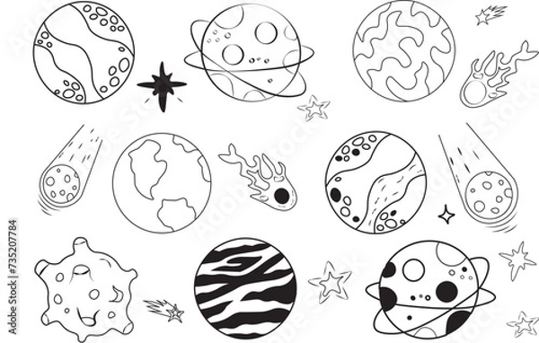 Fototapeta Hand drawn space. Doodle space planets. Universe doodle vector illustration set. Space star, planet, meteorite.