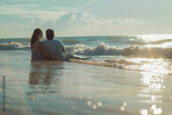 Fototapeta As the wind and waves crash against the shore, a man and woman sit in the calm waters, surrounded by the vastness of the ocean and the beautiful colors of the sunset