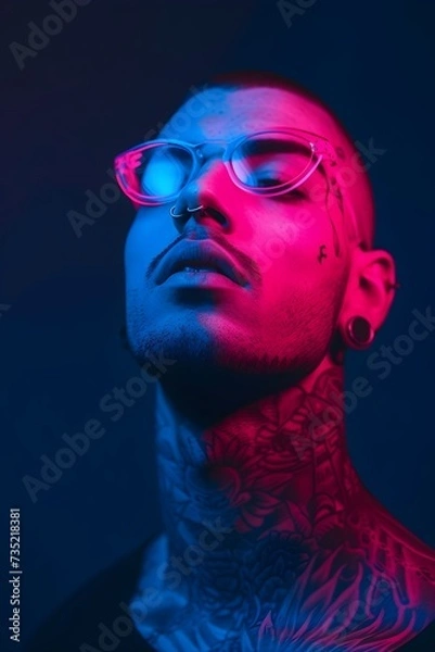 Fototapeta A man with tattoo illustration portrait neon light. Generative AI