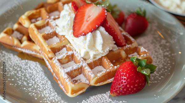 Fototapeta Belgian waffles with strawberries and powdered sugar