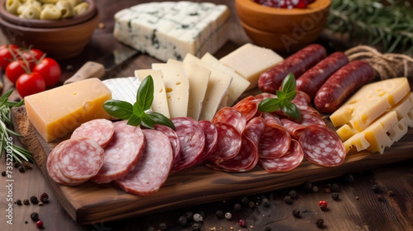 Fototapeta Board with sliced sausage and gourmet cheeses, real photo