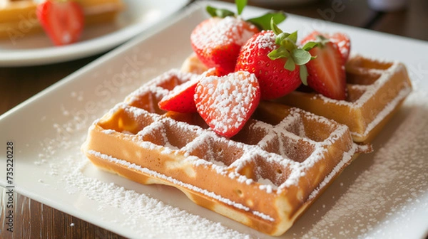 Fototapeta Belgian waffles with strawberries and powdered sugar