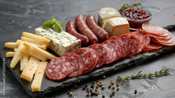 Fototapeta Board with sliced sausage and gourmet cheeses, real photo