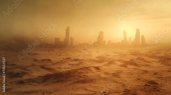 Fototapeta A post apocalypse desert with ruined city sky scraper in the distance