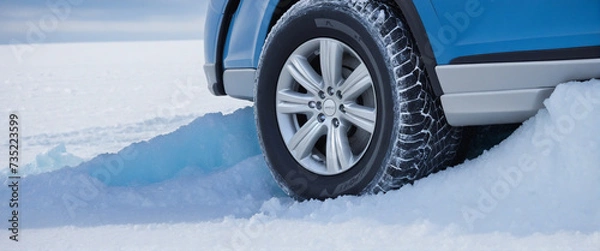 Fototapeta Frosty new tire in snow against a sky-blue backdrop