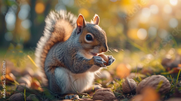 Fototapeta A funny squirrel nibbles on a nut in an autumn park.