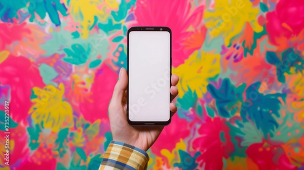Fototapeta Close-up of a hand gripping a mobile phone with a white display ready for customization, mockup