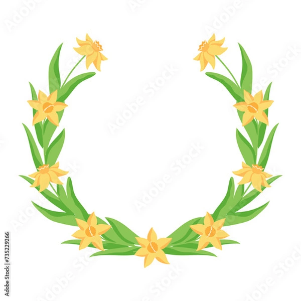 Fototapeta Daffodils spring wreath. Easter round text frame. Flowers border decoration for holiday card on white background.