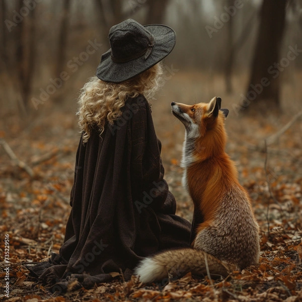 Fototapeta A witch walks with a fox in the forest.