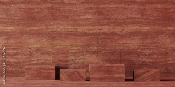 Fototapeta Minimal mockup concept for cosmetic product presentation. Clay Rammed Earth podium on red background. Clipping path of each element included. 3d rendering illustration. 
