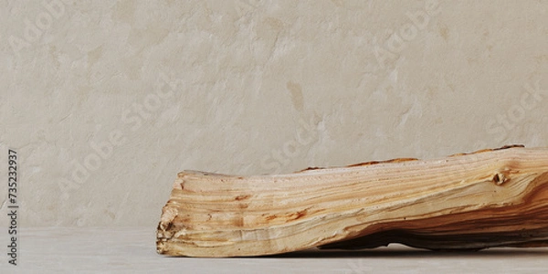 Fototapeta Minimal mockup concept for cosmetic product presentation. Firewood podium on beige background. Clipping path of each element included. 3d rendering illustration. 