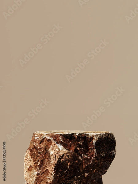 Fototapeta Minimal mockup concept for cosmetic product presentation. Stone podium on beige background. Clipping path of each element included. 3d rendering illustration. 