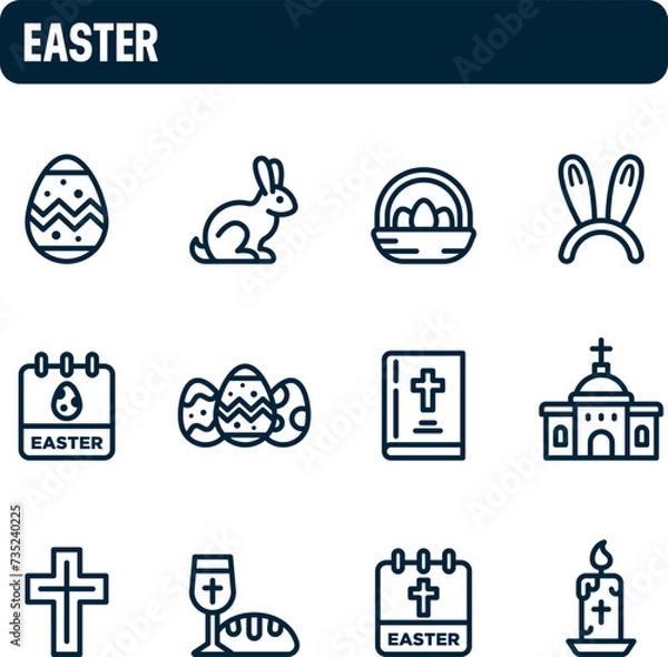 Fototapeta Easter day icons. Easter Sunday vector set. Religion and traditions. Outline icon design.