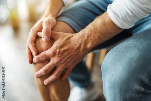 Fototapeta A man sits on a chair as he holds his knee, possibly indicating pain or injury.