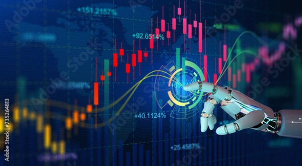 Fototapeta Ai Robot hand touching forex charts and diagrams stock market display on board. Investment and trading on stock market with Artificial Intelligence concept.