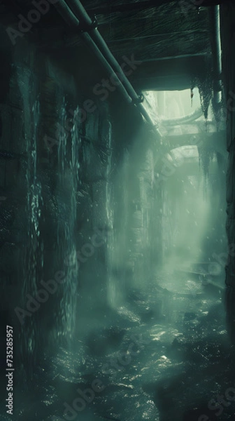 Fototapeta A damp cellar with mold and dripping from the ceiling